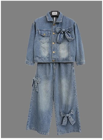 Teen Girls Bow Clothes Sets Denim Jacket+Wide Leg Jeans 2pcs Junior Kid Coat Pants Suit Child Outfits 4-14 vetement enfant fille