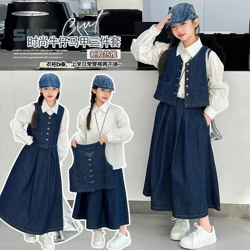 vetement enfant fille teen girls clothes set denim vest+cotton white shirt+Pleated long skirt 3pcs junior kid suit child outfits