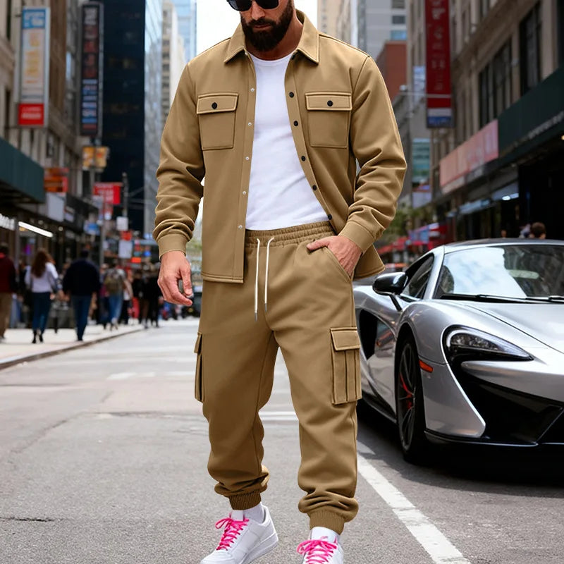 Cross-border winter heavy loose velvet men's outdoor tooling sweatpants thermal jacket two-piece set