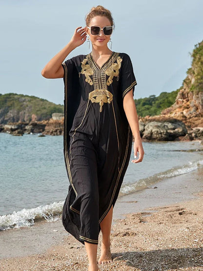 Cover-up Caftan Maxi Dress 2024 Robe De Plage Embroidery Beach Cover Up Women Kaftan Dress For Women Pareo Tunic For Swimwear