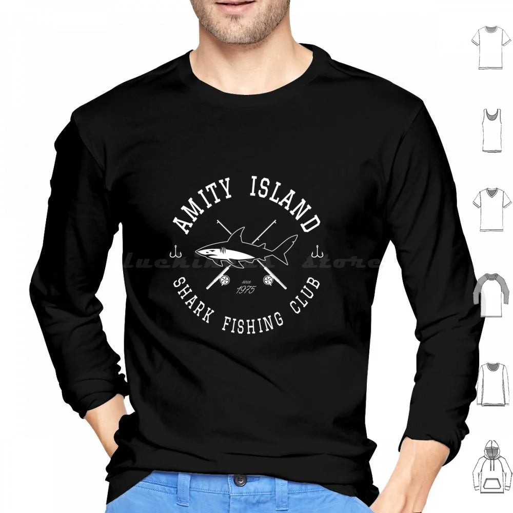 Amity Island Shark Fishing Club White Hoodies Long Sleeve Sharks Shark Week Jaws Parody Teeth Attack Bite Quint Brody