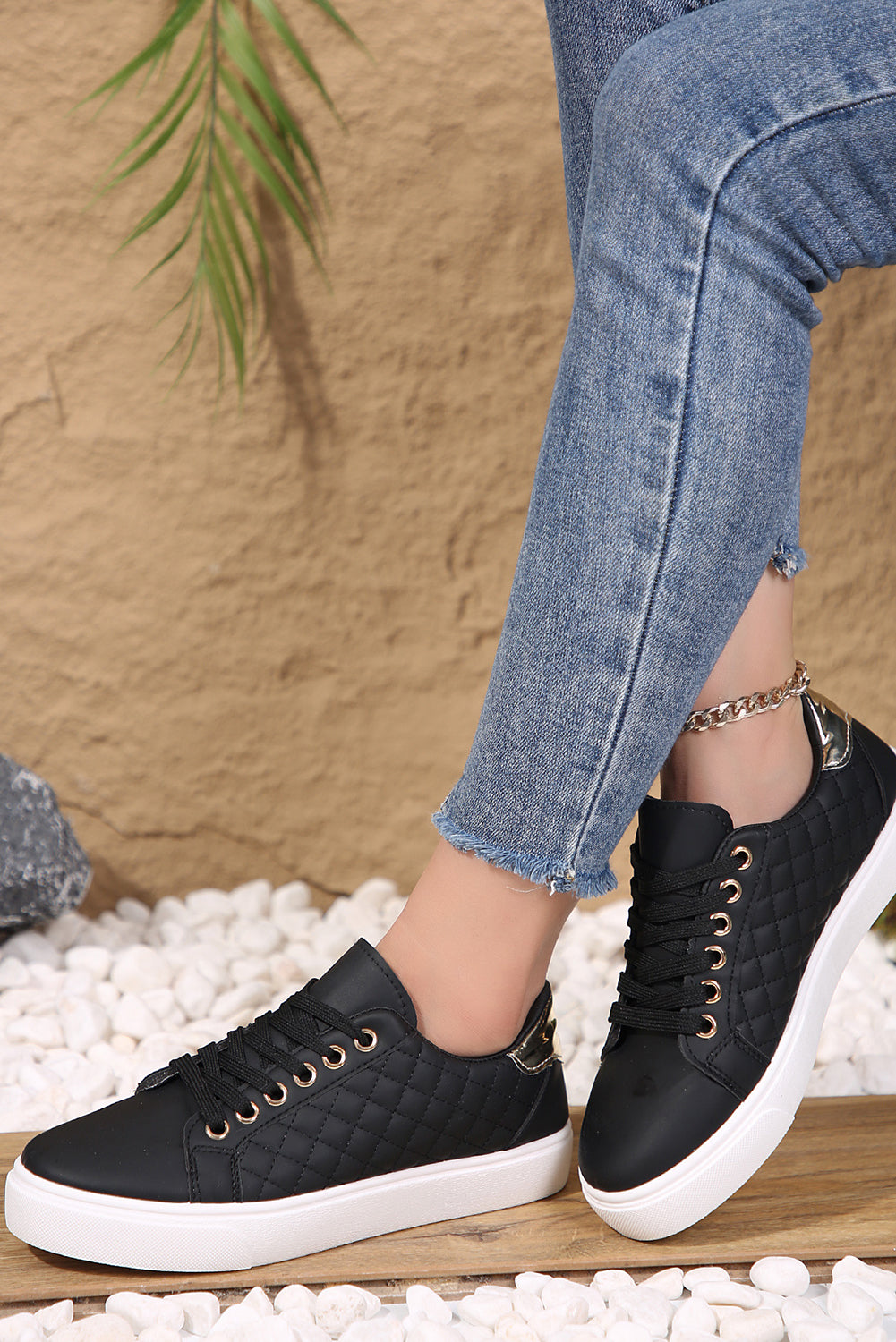 Black Quilted Lack Up Sneakers