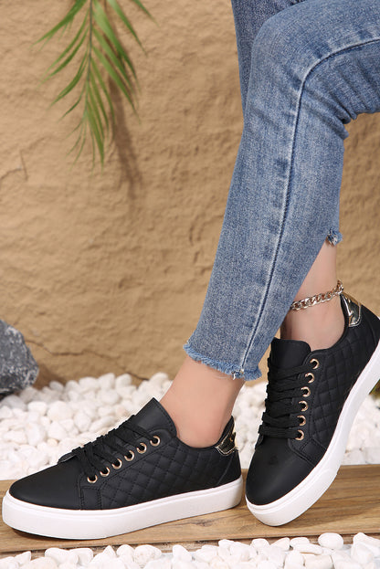 Black Quilted Lack Up Sneakers