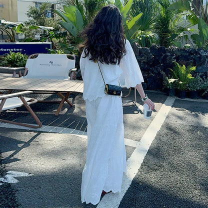 white teen girls clothes set Embroidered shirt+lace wide leg pants 2pcs chic junior kid suit child outfits vetement enfant fille