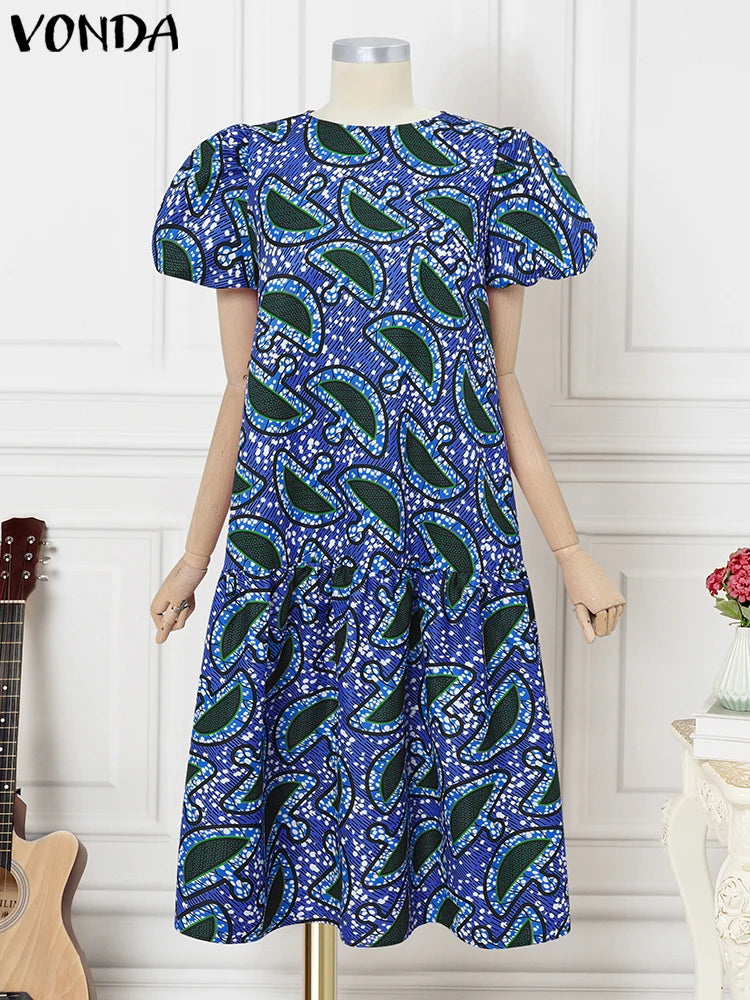 Plus Size Women Dress Vintage Print Sundress 2025 VONDA Puff Sleeve Casual Loose Vestidos Fashion Ruffled Midi Robe Femme