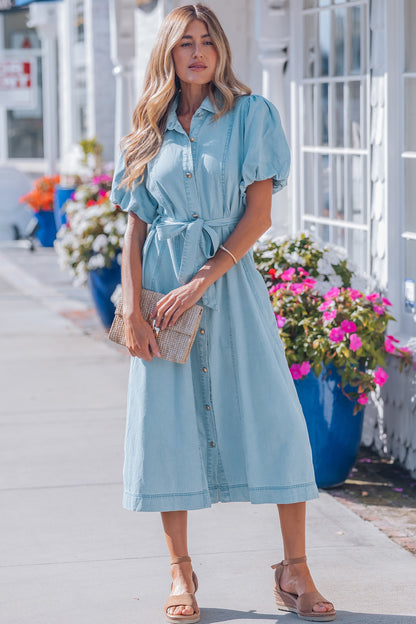 Beau Blue Full Buttons Collared Short Bubble Sleeve Long Denim Dress