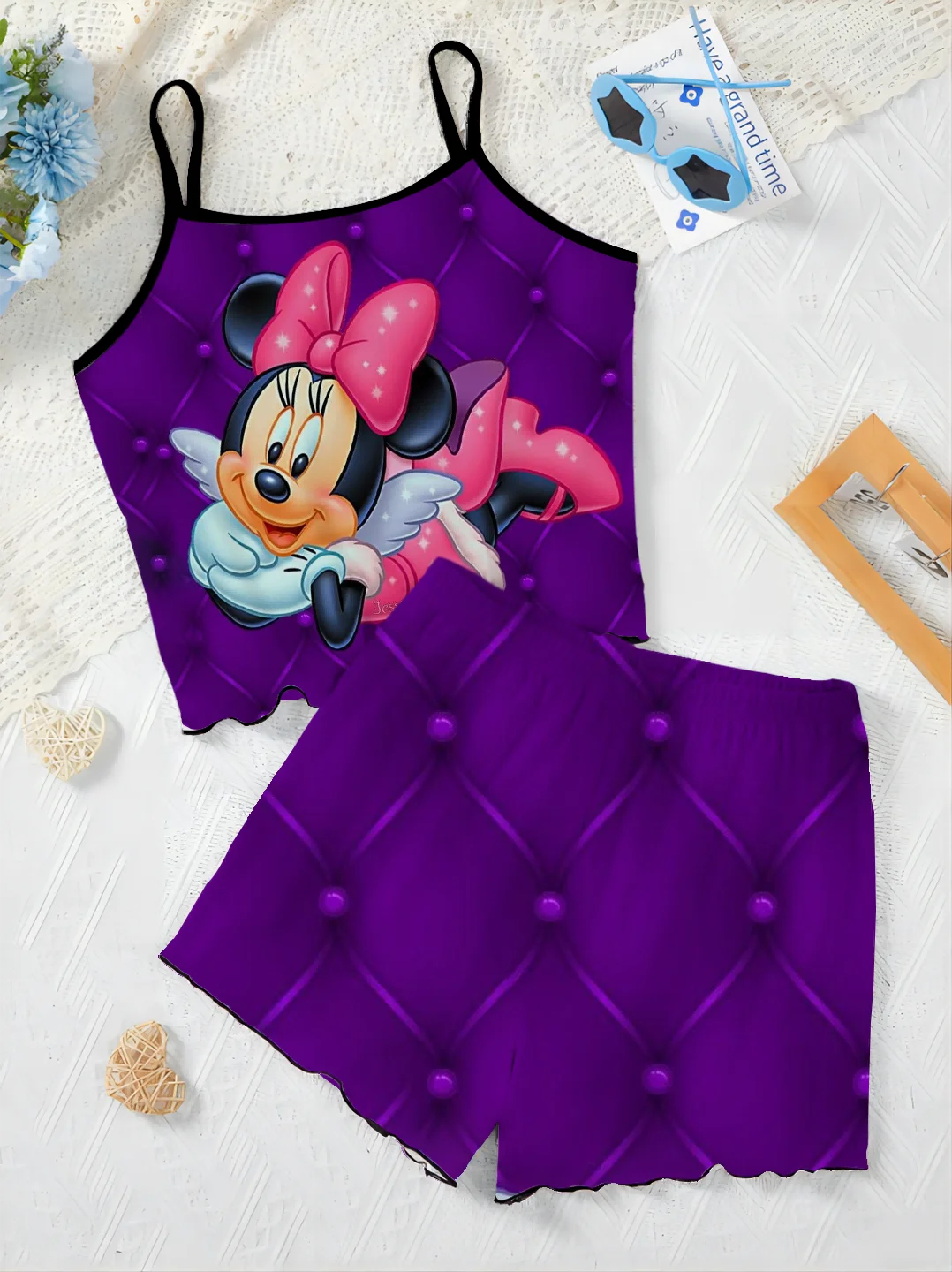 Ensemble T-shirt et Jupe de Pyjama Élégants pour Femme, Garniture en Laitue, Robe à Glisser, Haut Disney, Minnie Mouse, Pièces C