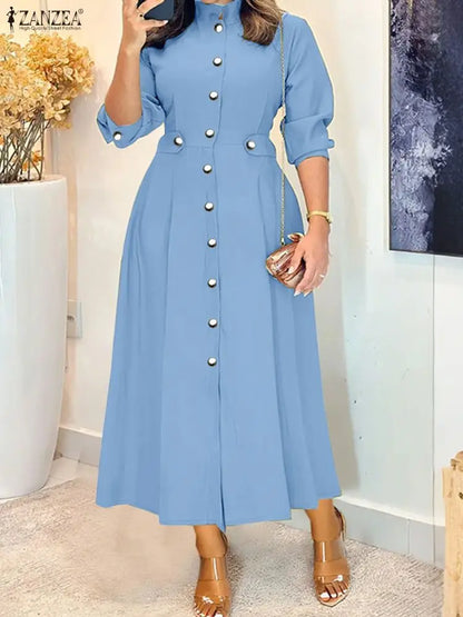 ZANZEA Plus Size Women's Midi Dresses Elegant Casual Mock Neck Long Sleeve Button Up A-Line Long Dress FW Woman Clothing 5XL