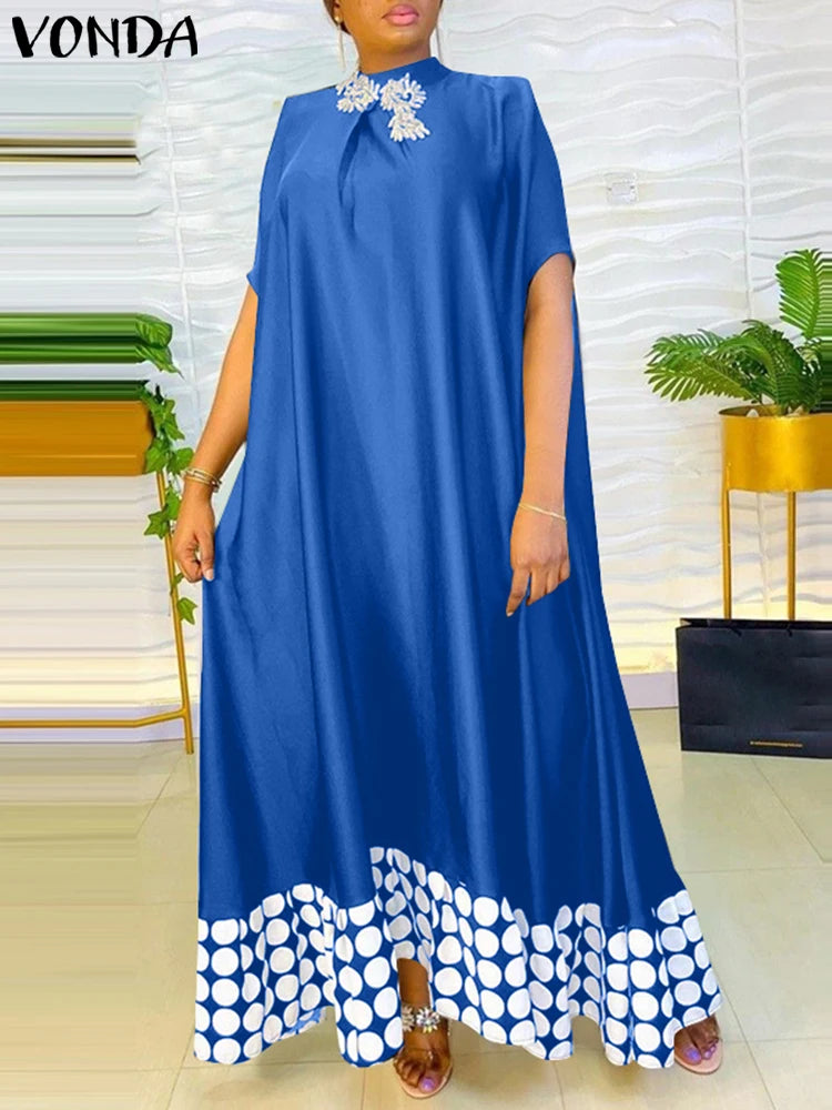 Plus Size Dresses 5XL VONDA Women Elegant Polka Dot Patchwork Sundress 2025 Summer Party Vestidos Casual Bat-wing Sleeve Robe
