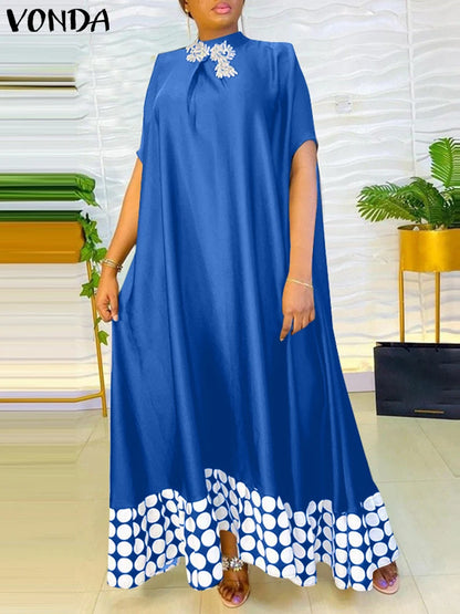 Plus Size Dresses 5XL VONDA Women Elegant Polka Dot Patchwork Sundress 2025 Summer Party Vestidos Casual Bat-wing Sleeve Robe