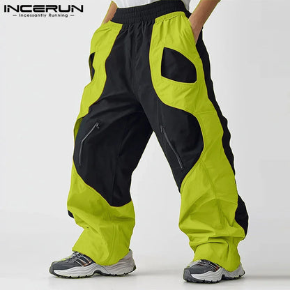 INCERUN Elastic Waist Pockets Zipper Design Loose Bottom Men Colorblock Fashion Pants 2024 Casual Simple American Style Trousers