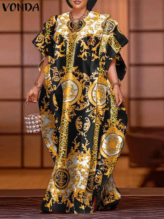 VONDA 2024 Elegant Satin Long Dress Fashion European Maxi Long Dress Sexy Printed Patchwork Bat-wing Sleeve Vestidos Ruffle Robe