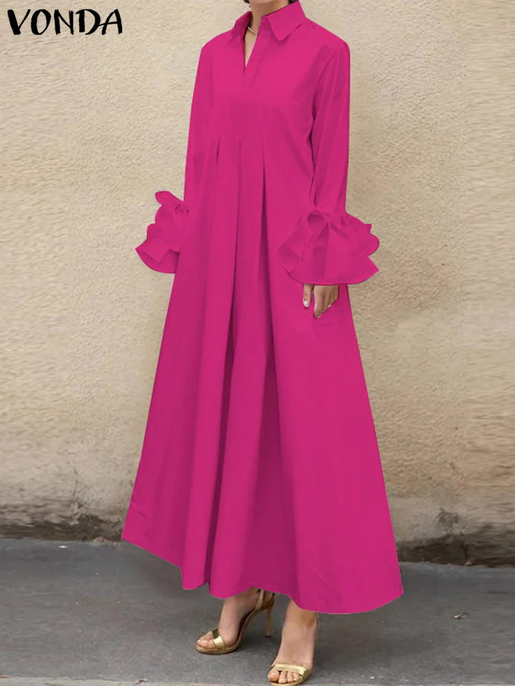 Plus Size 5XL VONDA Women Elegant Shirt Dress Ruffle Pleated Maxi Long Dress 2025 Casual Loose Solid Sundress Long Sleeve Robe