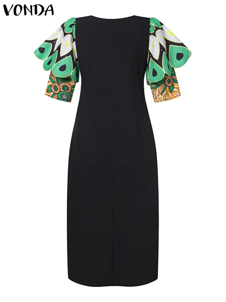 Plus Size 5XL VONDA Women Bohemian Printing Maxi Dress Vintage Fare Sleeve Elegant Evening Party Sundress 2024 Casual Loose Robe
