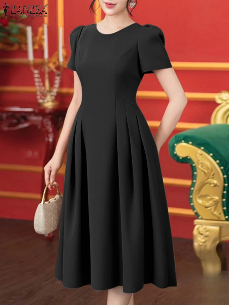 ZANZEA Women Pleated Robes O-Neck Streetwear Short Puff Sleeve Elegant Midi Dresses 2025 Fashion Solid Color A-line Vestidos