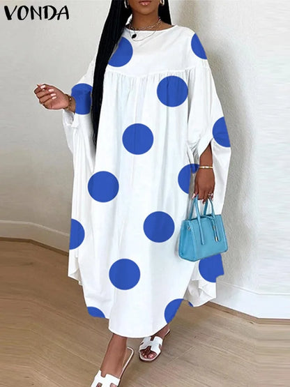 Plus Size VONDA Women Dot Printed Dress Bohemian Sundress 2025 Three Quarter Summer Party Vestidos Bat-wing Sleeve Casual Robe