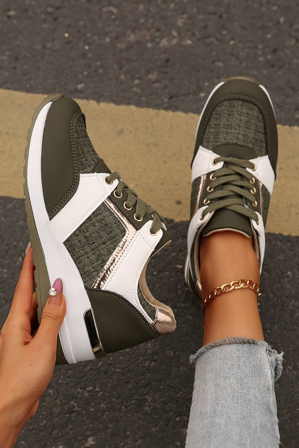 Blackish Green Patchwork Lace Up Sneakers