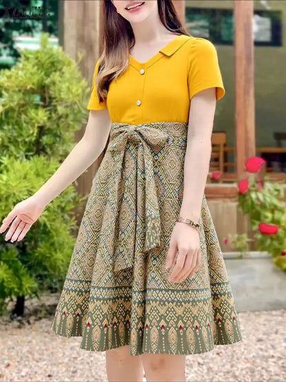 ZANZEA Elegant Bow Dresses Women Summer Printing Bohemian Sundress 2025 Fashion Short Sleeve A-Line Casual Loose Party Robe