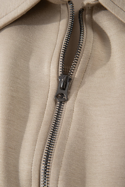 Dark Khaki Solid Color Zip Front Short Sleeve Collared Jumpsuit