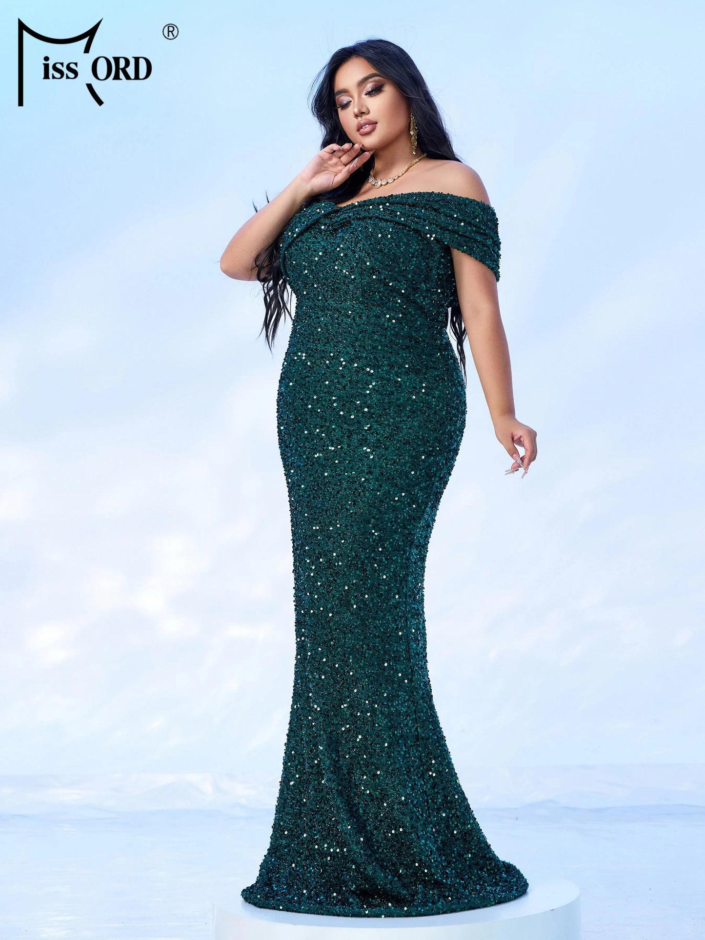 Missord Grey Sequin Plus Size Evening Dress Elegant Women Off Shoulder Bodycon Maxi Mermaid Party Prom Dresses Long Formal Gown