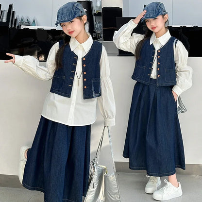 vetement enfant fille teen girls clothes set denim vest+cotton white shirt+Pleated long skirt 3pcs junior kid suit child outfits