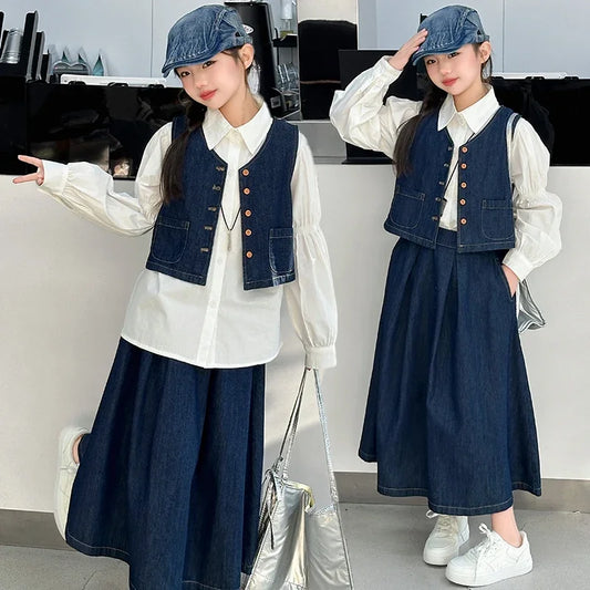 vetement enfant fille teen girls clothes set denim vest+cotton white shirt+Pleated long skirt 3pcs junior kid suit child outfits