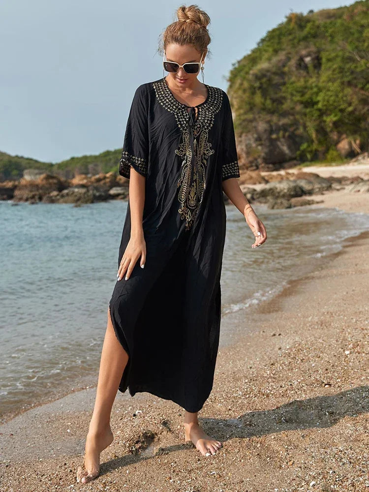 Cover-up Caftan Maxi Dress 2024 Robe De Plage Embroidery Beach Cover Up Women Kaftan Dress For Women Pareo Tunic For Swimwear