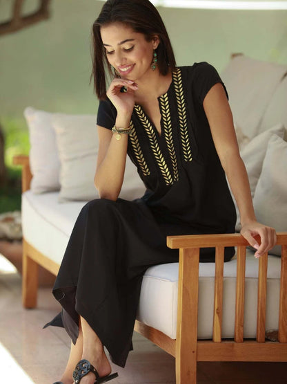 Black Beach Dresses Kaftans for Women Gold Embroideried Tunic Bikini Cover Up Short Sleeve Elegant Robe Bathing Suit Cover-ups