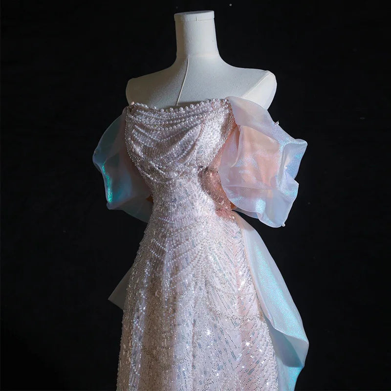 2025 Elegant Shiny Women Evening Dresses High End Pearls Sequins with Bow Prom Birthday Party Gowns Formal Robes De Soirée