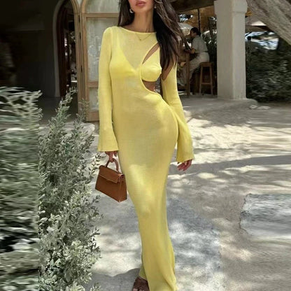 Women Sexy Yellow Knitted Beach Dress Fashion Irregular See Through Bodycon Maxi Dress 2025 Summer Hollow Out Cover UP Robes