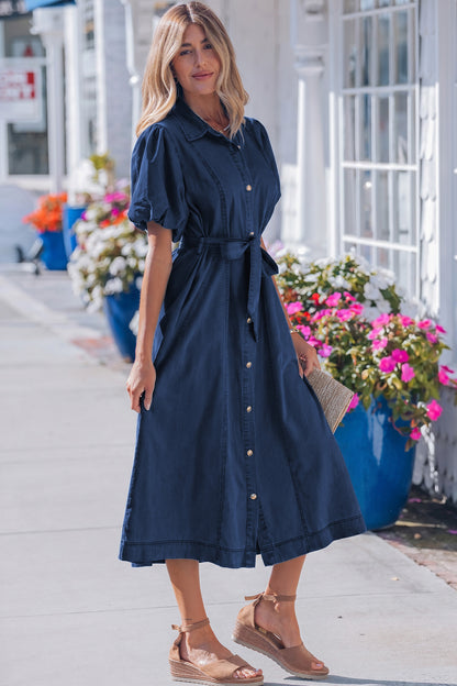 Beau Blue Full Buttons Collared Short Bubble Sleeve Long Denim Dress