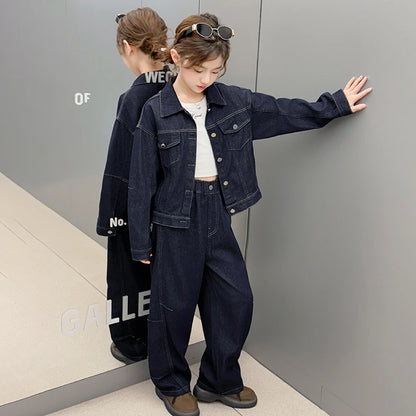 teen girls cowboy clothes set Design denim jacket+Wide leg jeans 2pcs junior kids pants suit child outfits vetement enfant fille