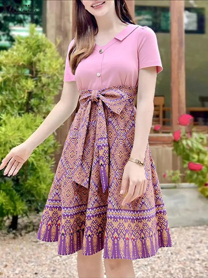 ZANZEA Elegant Bow Dresses Women Summer Printing Bohemian Sundress 2025 Fashion Short Sleeve A-Line Casual Loose Party Robe