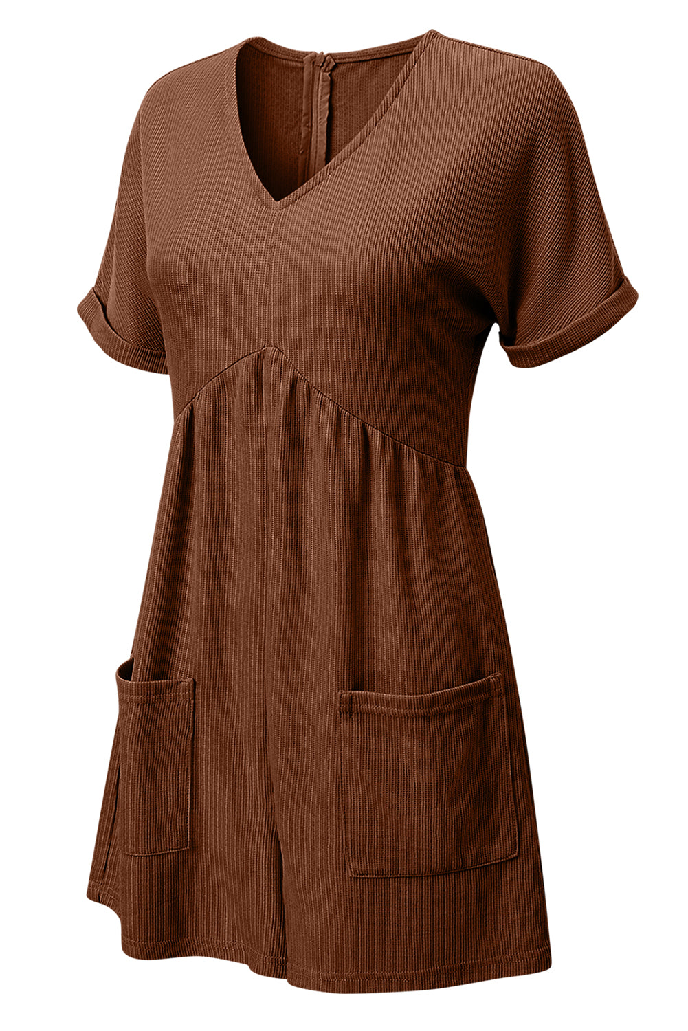 Coffee Solid Color Knit V Neck Zipped Loose Romper