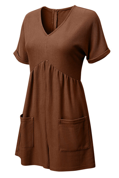 Coffee Solid Color Knit V Neck Zipped Loose Romper