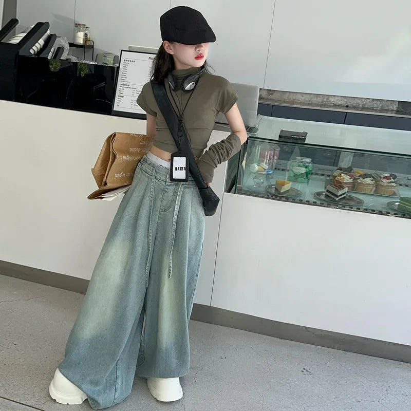 Girls Jeans Spring Fall Famous Western-style Child Wide Leg Pants Kids Floor Trousers 6 8 10 12 14 Vetement Enfant Fille Clothes