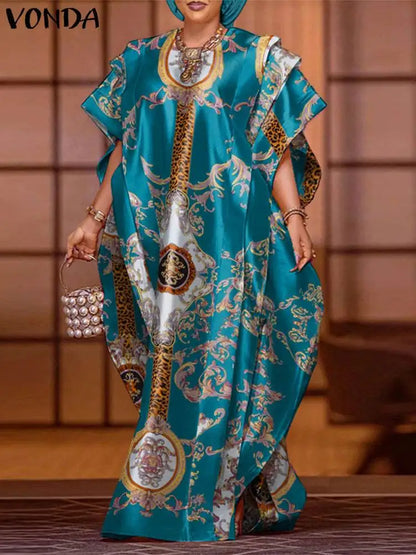 VONDA 2024 Elegant Satin Long Dress Fashion European Maxi Long Dress Sexy Printed Patchwork Bat-wing Sleeve Vestidos Ruffle Robe