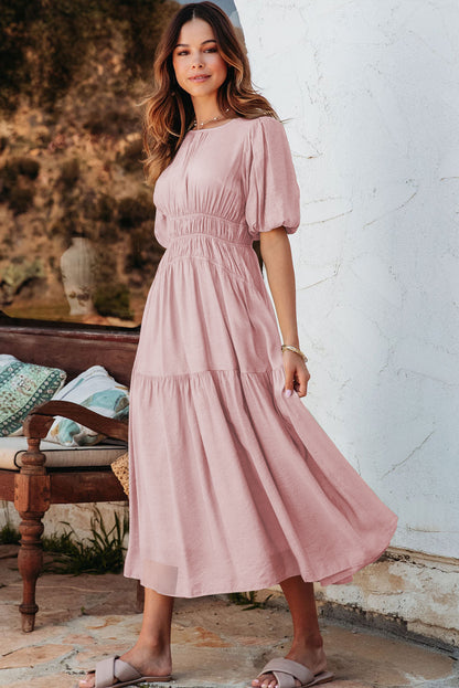 Pink Puff Sleeve High Waist Flowy Midi Dress