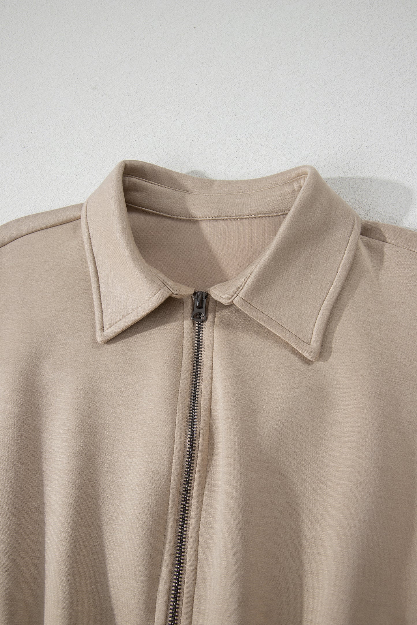 Dark Khaki Solid Color Zip Front Short Sleeve Collared Jumpsuit