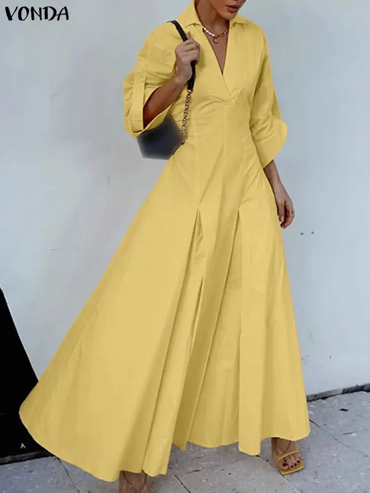 Plus Size 5XL VONDA Women Long Sleeve Robe 2025 Autumn V-Neck Solid Color Maxi Dresses Casual Loose Ruffled Party Work Vestidos