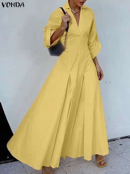 Plus Size 5XL VONDA Women Long Sleeve Robe 2025 Autumn V-Neck Solid Color Maxi Dresses Casual Loose Ruffled Party Work Vestidos