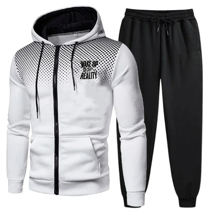 Men's Jacket Set Black Red Gradient Printed Wake Up Reality Text Hoodie Zipper Sweatshirt for Casual Outdoor Sport Wear