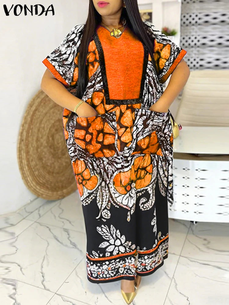 VONDA Women Vintage Printed Dress Summer Party Maxi Vestidos 2025 Bohemian Patchwork V Neck Sundress Casual Loose Robe Femme