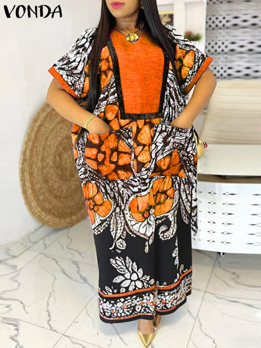 VONDA Women Vintage Printed Dress Summer Party Maxi Vestidos 2025 Bohemian Patchwork V Neck Sundress Casual Loose Robe Femme