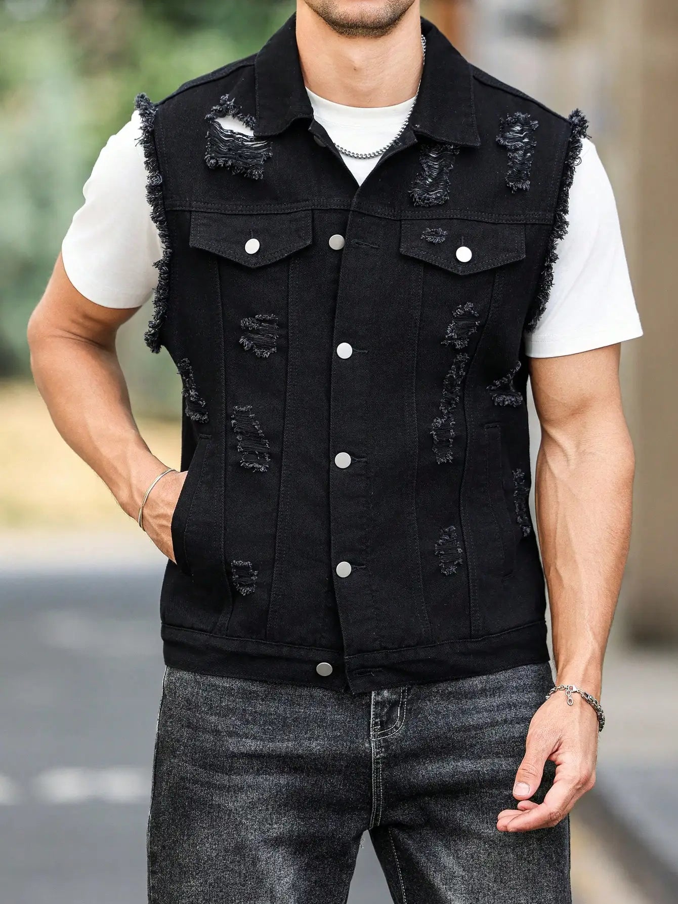 Men's Black Ripped Denim Vest for Spring, Sleeveless Design, a Must - Have for Street - style Trendsetters