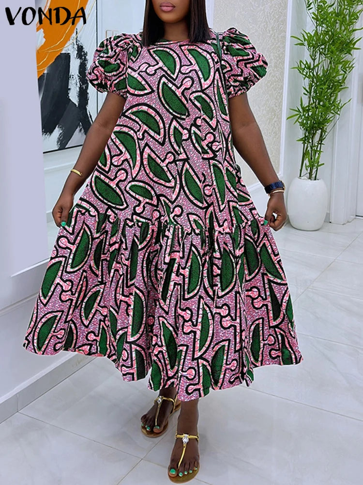 Plus Size Women Dress Vintage Print Sundress 2025 VONDA Puff Sleeve Casual Loose Vestidos Fashion Ruffled Midi Robe Femme