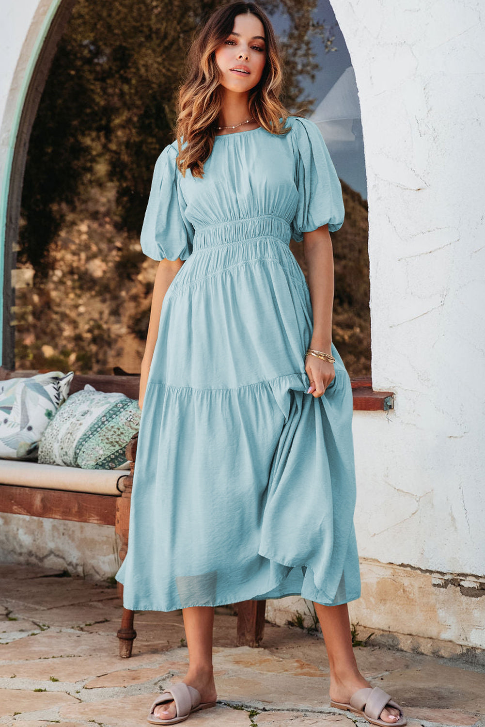 Pink Puff Sleeve High Waist Flowy Midi Dress