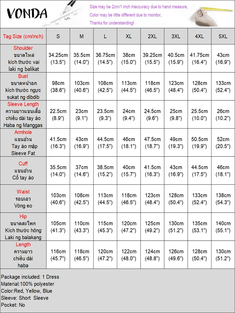 Plus Size Women Dress Vintage Print Sundress 2025 VONDA Puff Sleeve Casual Loose Vestidos Fashion Ruffled Midi Robe Femme