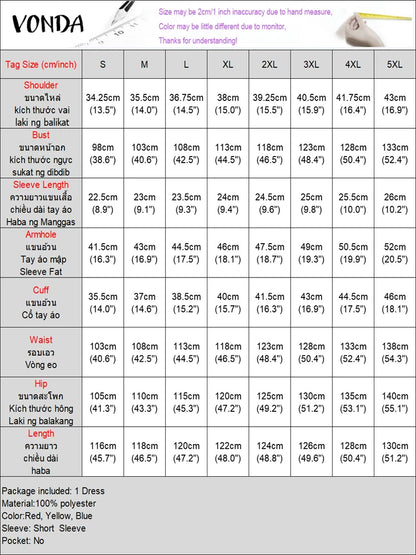 Plus Size Women Dress Vintage Print Sundress 2025 VONDA Puff Sleeve Casual Loose Vestidos Fashion Ruffled Midi Robe Femme