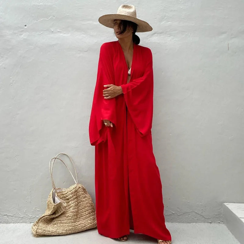 Para Praia Solid Cotton Bikini Cover Ups Beachwear Kimono Beach Robe Maxi Long Dress Sarong Women Loose Cardigan Swimsuit Covers